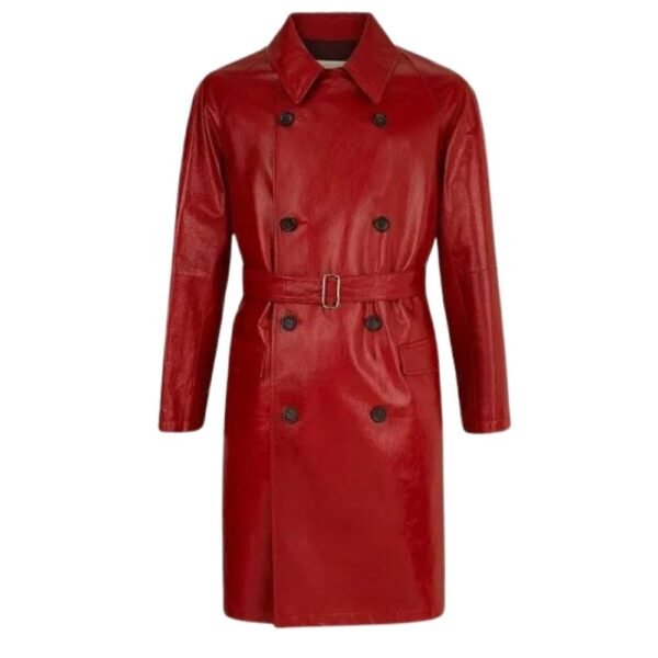 men's red leather trench coat