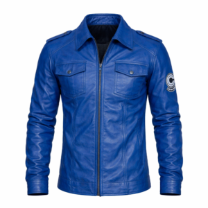 Fashionable celebrity wearing blue leather jacket stylish street style outfit