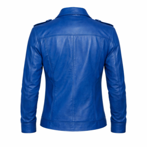 Trendy blue leather jacket worn by celebrity street style fashion inspiration