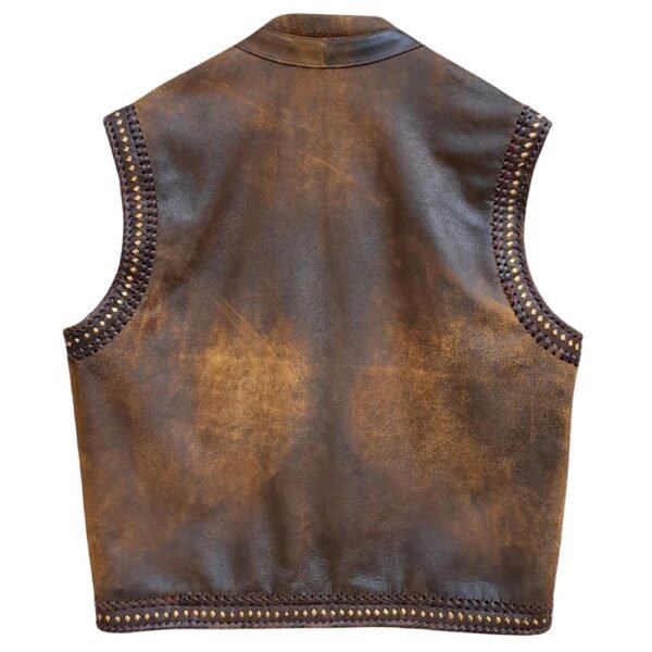 distressed brown leather biker vest