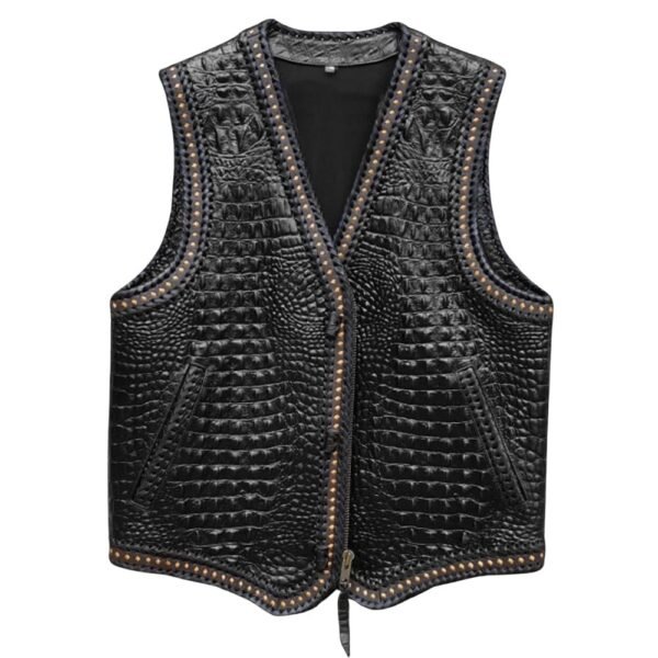 Edgy and Bold Crocodile-Style Leather Biker Vest for a Rugged Look