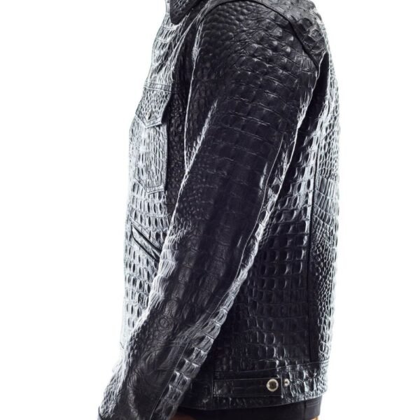 Modern and durable, this black sheepskin leather vest features a striking crocodile texture and classic biker design.