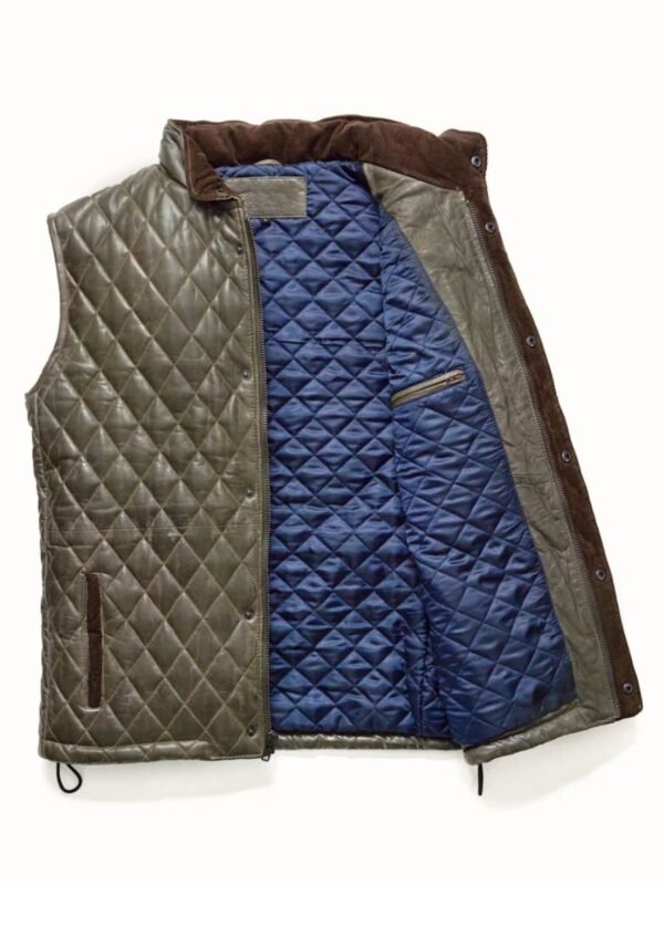 Close-up of quilted design and zipper details on green leather vest.