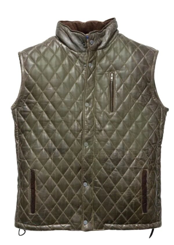 Men’s Green Quilted Leather Vest made from genuine leather.