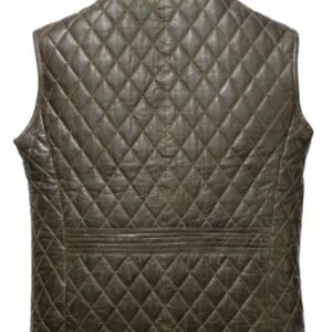 Back view of Men’s Green Leather Vest showing smooth stitching and stylish fit.