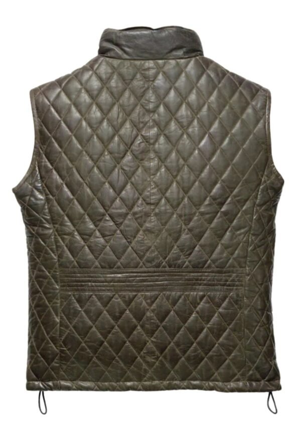 Back view of Men’s Green Leather Vest showing smooth stitching and stylish fit.